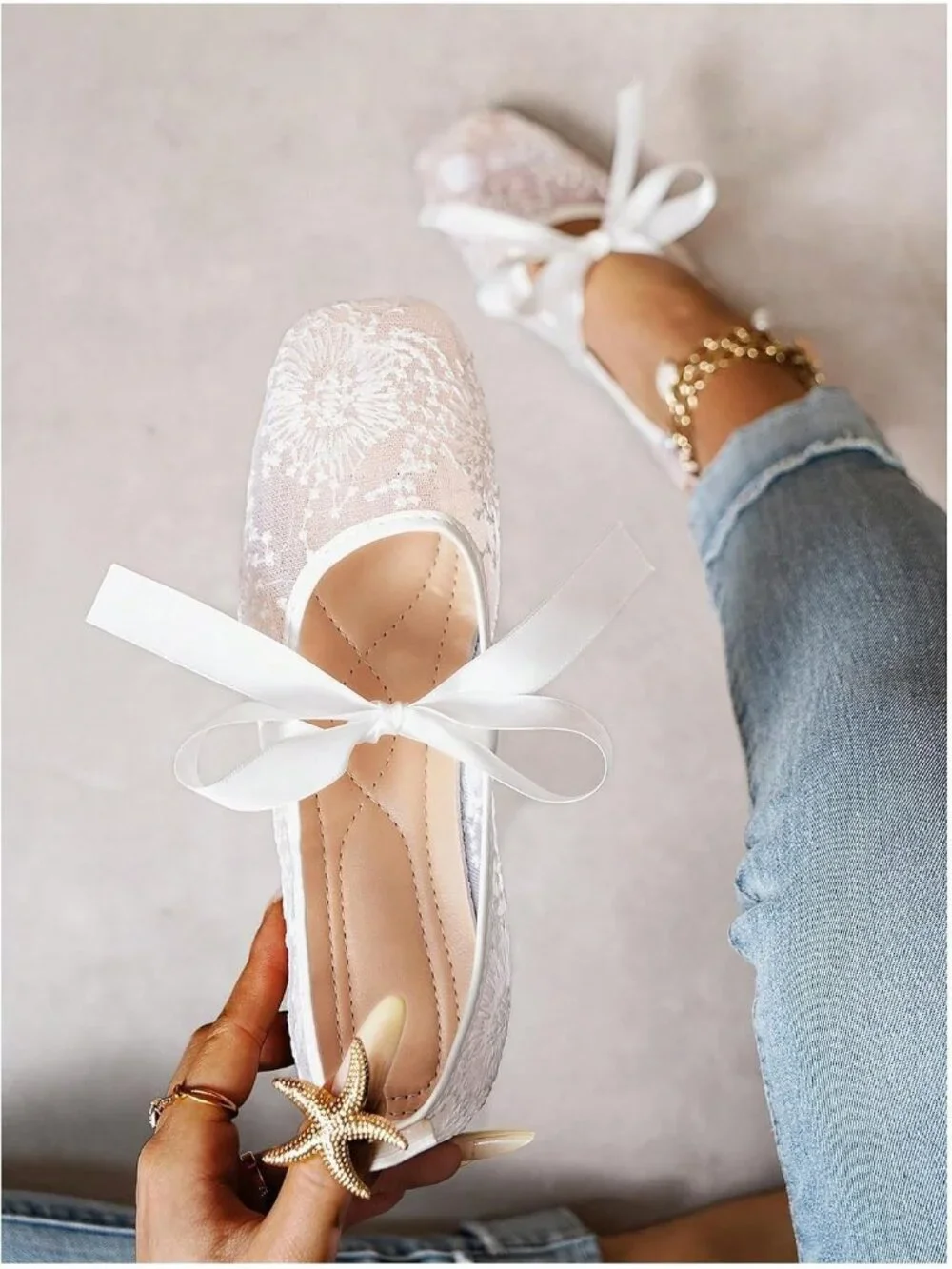 Women's White Flower Floral Lace Mesh Ballet Flats Square Toe Bow Dress Shoes